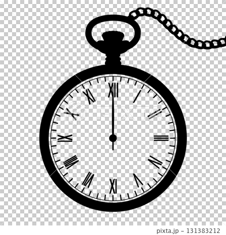 Black and white illustration of a retro pocket watch 131383212