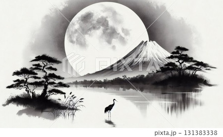 水墨画風 満月と富士山と鶴 日本の美しい幻想的な風景 水墨画風 満月と富士山と鶴 日本の美しい幻想的な風景 131383338