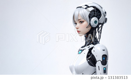 女性の横顔のAIイメージイラスト、かわいい白いコスチュームのアニメ風背景素材 131383513
