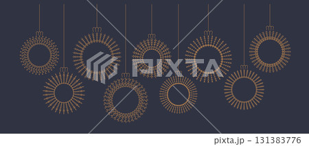 Luxury elegant natural botanical bohemian line Christmas bauble, toy, ball elements for greeting card, banner, poster, cover, wedding invitation. Cute round hanging boho vector decoration. 131383776