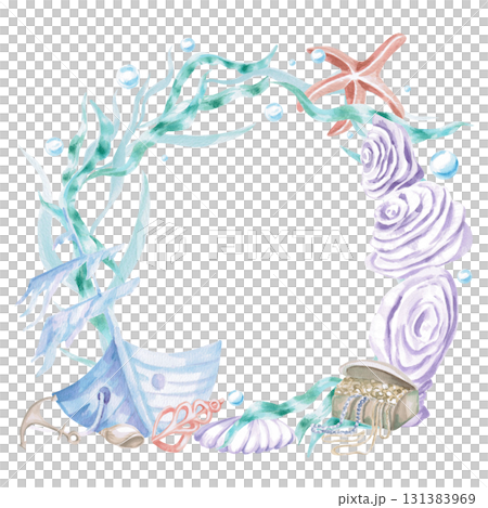 Round frame with a sunken ship, corals, a starfish and a chest. Isolated watercolor illustration of sea creatures for children's interiors, cosmetics, greeting card design and themed holidays. 131383969