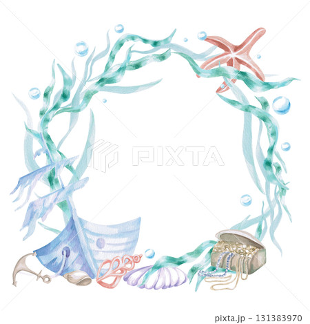 Round frame with a sunken ship, seaweed, starfish and a chest. Isolated watercolor illustration of sea creatures for children's interiors, cosmetics, greeting card design and themed holidays. 131383970