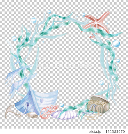 Round frame with a sunken ship, seaweed, starfish and a chest. Isolated watercolor illustration of sea creatures for children's interiors, cosmetics, greeting card design and themed holidays. 131383970