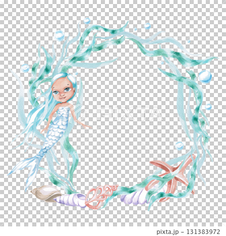 A round frame with seaweed, a starfish, and a mermaid. Isolated watercolor illustration of sea creatures for children's interiors, cosmetics, greeting card designs, and themed holidays. A round frame with seaweed, a starfish, and a mermaid. Isolated watercolor illustration of sea creatures for children's interiors, cosmetics, greeting card designs, and themed holidays. 131383972