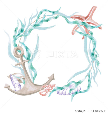 A round frame with seaweed, a starfish, and an anchor. Isolated watercolor illustration of sea creatures for children's interiors, cosmetics, greeting card designs, and themed holidays. A round frame with seaweed, a starfish, and an anchor. Isolated watercolor illustration of sea creatures for children's interiors, cosmetics, greeting card designs, and themed holidays. 131383974