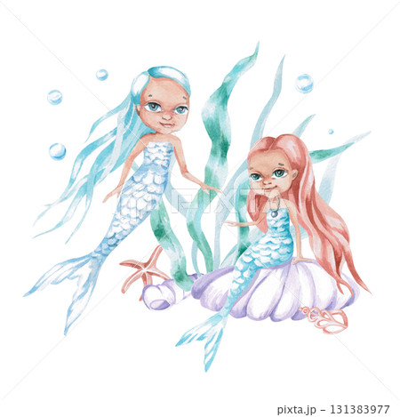 Two mermaids in seaweed. Isolated watercolor illustration of fairytale characters for children's interiors, cosmetics, greeting card designs, and themed holidays. Two mermaids in seaweed. Isolated watercolor illustration of fairytale characters for children's interiors, cosmetics, greeting card designs, and themed holidays. 131383977