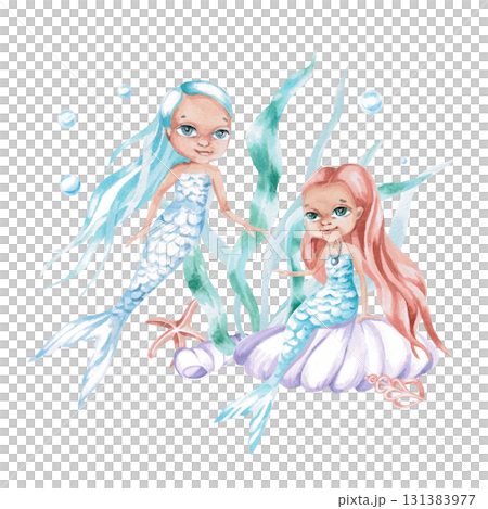 Two mermaids in seaweed. Isolated watercolor illustration of fairytale characters for children's interiors, cosmetics, greeting card designs, and themed holidays. Two mermaids in seaweed. Isolated watercolor illustration of fairytale characters for children's interiors, cosmetics, greeting card designs, and themed holidays. 131383977