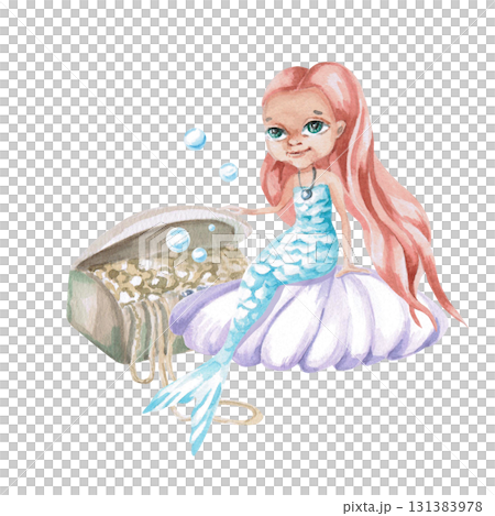 A mermaid on a shell with a chest of treasures. Isolated watercolor illustration of a fairytale character for children's interiors, cosmetics, greeting card designs, and themed holidays. 131383978