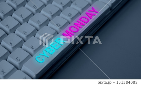 Closeup view of bright lit text of Cyber Monday on the computer keyboard button. Copy space. Cyber Monday sale concept 131384085