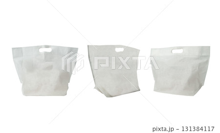 Collection set of an eco-friendly white cotton canvas tote bag isolated over a white background. Mockup, template, or copy space. Reusable bag for groceries and shopping Collection set of an eco-friendly white cotton canvas tote bag isolated over a white background. Mockup, template, or copy space. Reusable bag for groceries and shopping 131384117