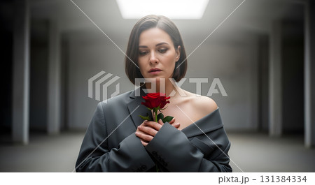 Woman in Blazer Holds Red Rose with Somber Expression 131384334