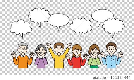 不同世代的男女以微笑歡迎的對話氣泡和上身向量插圖_顏色 131384444