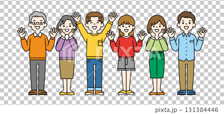 A simple vector illustration of a three-generation family welcoming with joy. 131384446