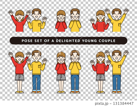 一組向量插圖，描繪了一對年輕男女夫婦被感動、被觸動和留下深刻印象的場景。顏色 131384447