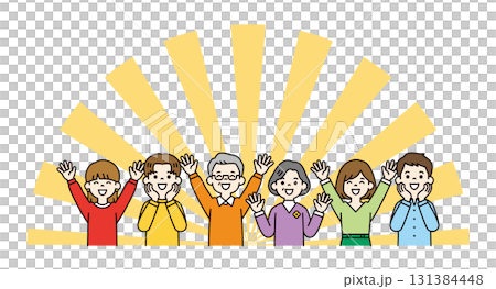 集中線和上身向量插圖，描繪了三代家庭的父母和孩子在勝利時舉起手臂 131384448