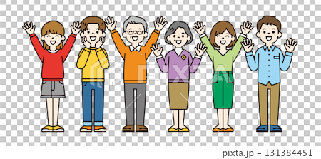 Smiling and cheering, full-body vector illustration of a three-generation family of parents and children, color 131384451