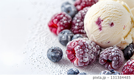 scoop of berry ice cream with frozen mixed berries on white background 131384485