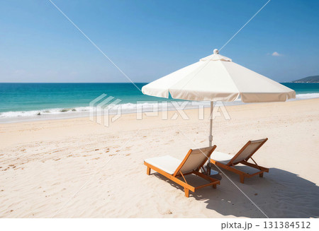 Blank white opened beach umbrella mockup, ai generated 131384512