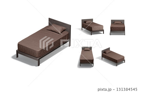 Blank wooden single bed with brown bedding mockup, different views 131384545