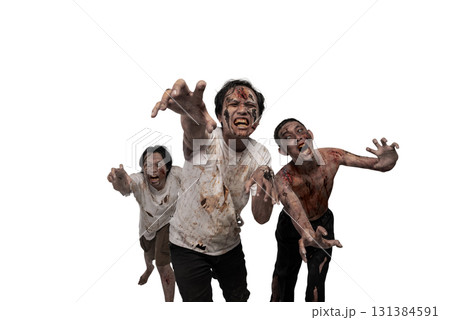 Portrait of three scary male zombies with wounds and blood on their bodies isolated over a white background. Spooky expression. Concept of Halloween or Horror 131384591