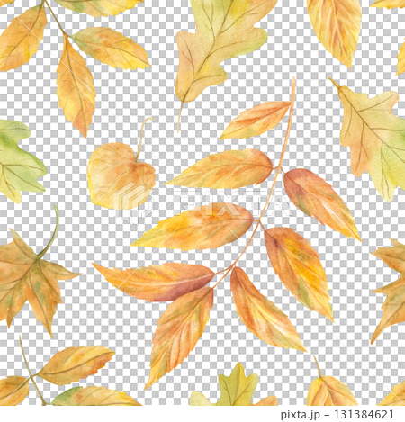 Watercolor autumn falling leaves in orange, yellow, green colors seamless pattern on isolated background. Fall maple, oak, elm, ash leaf illustration. Flying foliage ornate for textile, package. 131384621
