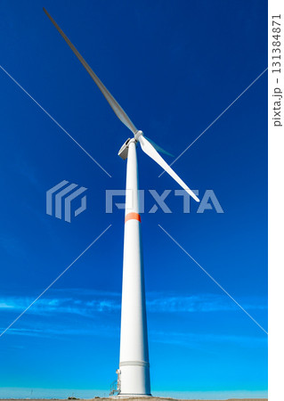 wind turbine on blue sky background, bottom view 131384871