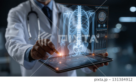 Doctor analyzes digital x-ray on tablet in modern healthcare setting 131384912