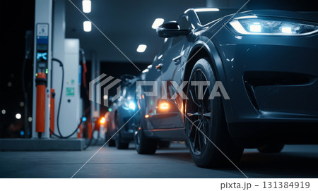 Electric cars charging at a modern charging station during the night with bright lights illuminating the scene 131384919