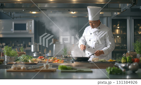 Chef prepares a gourmet meal in a modern kitchen with fresh ingredients and vibrant colors Chef prepares a gourmet meal in a modern kitchen with fresh ingredients and vibrant colors 131384926
