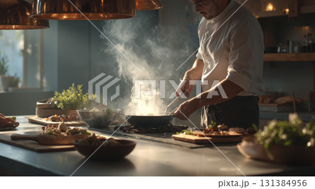 Chef skillfully cooks in a bright and modern kitchen surrounded by fresh ingredients and steaming dishes Chef skillfully cooks in a bright and modern kitchen surrounded by fresh ingredients and steaming dishes 131384956