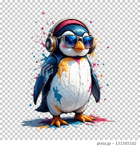 Cute penguin wearing sunglasses and headphones, with bright splashes of paint, illustrated in a cheerful, urban. Cute penguin wearing sunglasses and headphones, with bright splashes of paint, illustrated in a cheerful, urban. 131385102