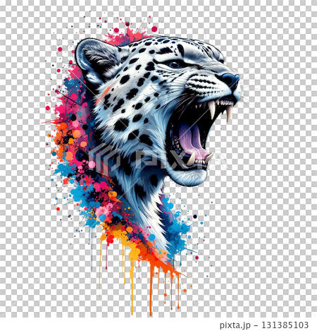 Intense illustration of a roaring snow leopard head with white and black fur and bright, vibrant paint splatters. wild animal. Intense illustration of a roaring snow leopard head with white and black fur and bright, vibrant paint splatters. wild animal. 131385103