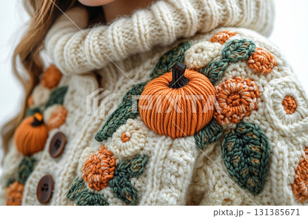 Ready to Create. Crochet details of pumpkin pattern on a modern garment. Autumn atmosphere in clothes. Trending in fashion. Ready to Create. Crochet details of pumpkin pattern on a modern garment. Autumn atmosphere in clothes. Trending in fashion. 131385671