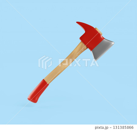 Fire axe 3d icon isolated on blue background. Firefighter assault ax, red fireman hatchet with wood handle, equipment for opening and dismantling structures when extinguishing flame. 3D illustration 131385866
