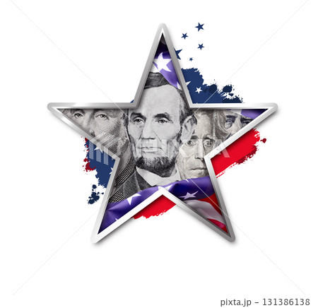 Collage of US Presidents portraits cut out of Dollar bills clipped mask in the shape of a star. Good for Happy Presidents Day, Independence Day, or another national holiday. 131386138