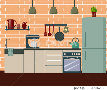 A modern kitchen interior with appliances against a brick wall. A refrigerator, a set of cabinets, and a stove. A mixer, a kettle, and cooking utensils are also on display. Shelves are lined with 131386232