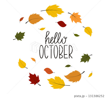 Hello October lettering. Autumn leaves background. Vector illustration for design, card, sale, background Hello October lettering. Autumn leaves background. Vector illustration for design, card, sale, background 131386252