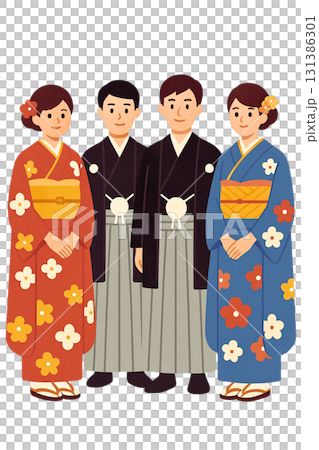 Flat minimalist background transparent illustration of young people wearing furisode and hakama at coming-of-age ceremony 131386301