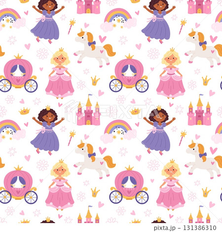 Cartoon funny princess seamless pattern. Repeated royal daughters in magnificent dresses, crowns, girly elements. Textile, wrapping paper, wallpaper. Print for fabric garish vector background 131386310