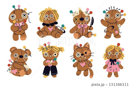 Cartoon halloween dolls. Funny creepy stitched voodoo toys, spooky patchwork fabric characters, handmade raggedy cats, puppet bears, occult scary boys and girls, garish vector isolated set 131386311