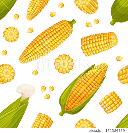 Corn seamless pattern. Sweet maize cobs and grains, yellow spikelets with green leaves, repeated organic product. Textile, wrapping paper, wallpaper. Print for fabric classy vector background Corn seamless pattern. Sweet maize cobs and grains, yellow spikelets with green leaves, repeated organic product. Textile, wrapping paper, wallpaper. Print for fabric classy vector background 131386339