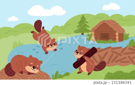 Cute beavers landscape. Cartoon funny animals building dam on river, gnaw at tree, wild brown rodents, happy teamwork construction process, pond shore, wildlife garish vector fauna concept Cute beavers landscape. Cartoon funny animals building dam on river, gnaw at tree, wild brown rodents, happy teamwork construction process, pond shore, wildlife garish vector fauna concept 131386341