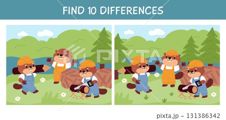 Cute beavers. Kids educational game, find differences, developing mindfulness, funny animals in overalls building dam, brown rodents cartoon isolated garish vector construction concept Cute beavers. Kids educational game, find differences, developing mindfulness, funny animals in overalls building dam, brown rodents cartoon isolated garish vector construction concept 131386342