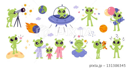 Cute green alien characters. Cartoon little ufo mascots, funny kids creatures, different actions, poses, space humanoids, planets and stars, cosmonaut in rocket, stickers garish vector set 131386345