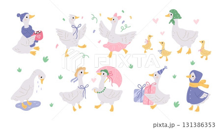 Funny domestic geese. Farm domestic birds, cartoon characters, cute little goslings, couple in love, mother goose in headscarf, childish decorative stickers, garish vector isolated set 131386353