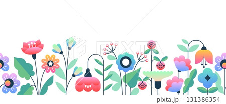 Geometric flower border. Seamless floral frame, colorful blooming plants, garden blossom elements, spring botanical decor, summer time, cartoon flat style isolated tidy vector concept 131386354