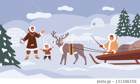 Inuit people. Reindeer herder returns home, happy eskimo family, northern characters dressed in skins, ice igloo, winter landscape, cartoon flat garish vector concept Inuit people. Reindeer herder returns home, happy eskimo family, northern characters dressed in skins, ice igloo, winter landscape, cartoon flat garish vector concept 131386356