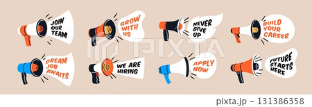 Megaphones advertising. Audio marketing and promotion, speakers with outgoing slogans stickers, acoustic communication, promo attention, cartoon flat style isolated garish vector set Megaphones advertising. Audio marketing and promotion, speakers with outgoing slogans stickers, acoustic communication, promo attention, cartoon flat style isolated garish vector set 131386358
