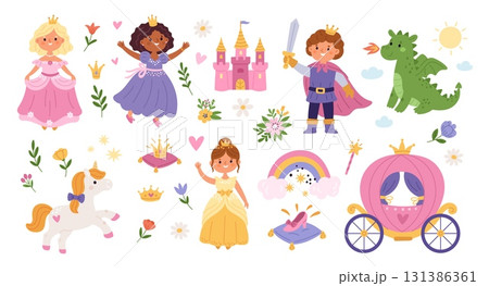Princess and royal accessories. Pretty girls in puffy dresses, cute prince with sword, magic castle, fairy tale dragon and unicorn, vector cartoon flat style isolated garish vector set Princess and royal accessories. Pretty girls in puffy dresses, cute prince with sword, magic castle, fairy tale dragon and unicorn, vector cartoon flat style isolated garish vector set 131386361