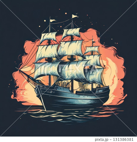an AI Image Generator, Sailing Ship Illustration With Full Canvas at Sea 131386381